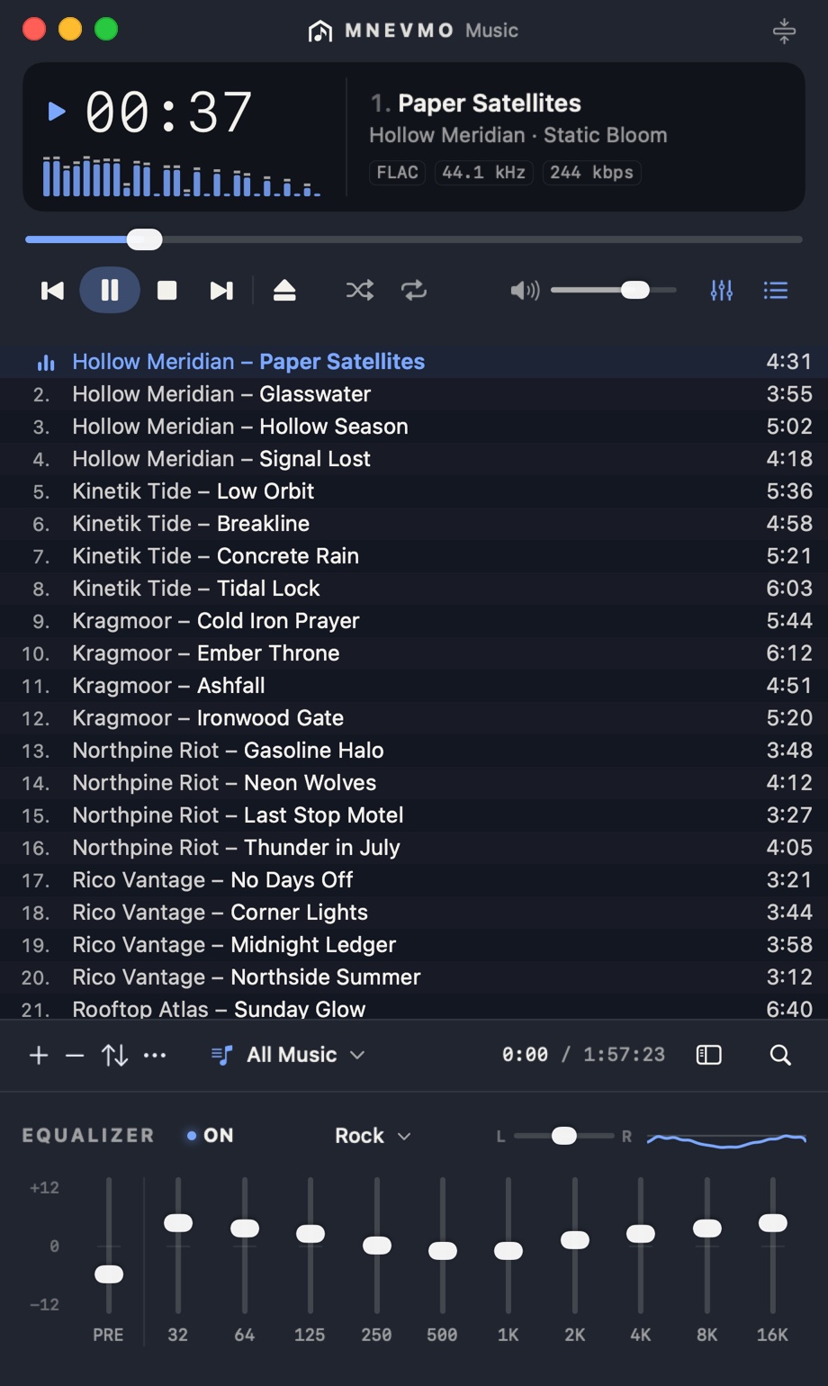 The MNEVMO Music window: the player, the playlist and the equalizer