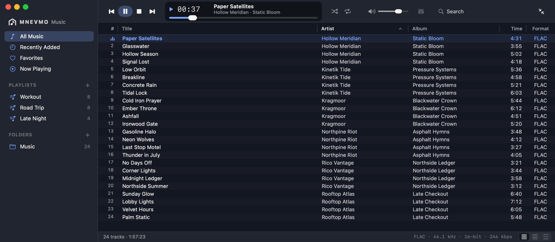 The Library window: sources on the left, the list in columns, the player on top